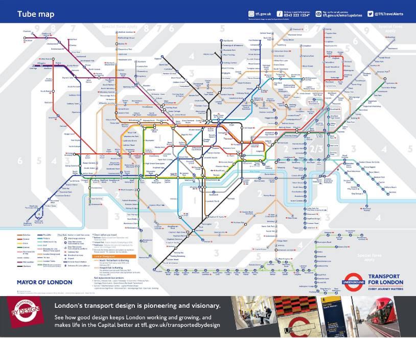 Plan du métro de Londres et ses différentes zones de tarification